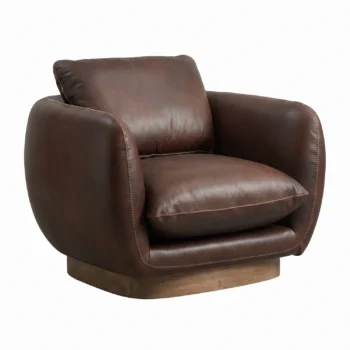 Halo Cuppa Swivel Armchair in bull cigar leather with a wooden brushed smoke oak base.
