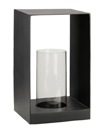 An sturdy looking outdoor lantern made from black metal.