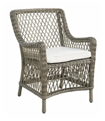 Lovely outdoor dining chair with an open weave in a natural colour. Has an off-white seat cushion.