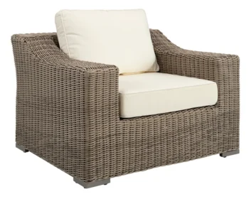 Artwood San Diego Outdoor Armchair in an easy care wicker style weave. Has thick comfortable off-white seat and back cushions.