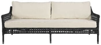 A stylish black outdoor sofa with off-white cushions.