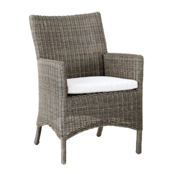 Artwood outdoor all-weather wicker dining chair in a natural weave with an off white seat cushion.