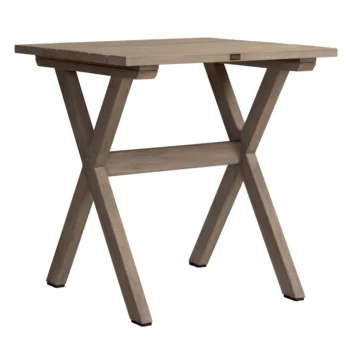 A small compact square outdoor dining table made from teak. Has a slatted teak top and cross legs.