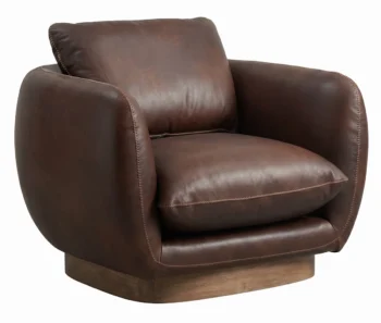 Halo Cuppa Swivel Armchair in bull cigar leather with a beautiful wooden base.