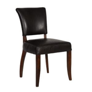 Leather Mimi dining chair in riders black leather with an antique oak leg.