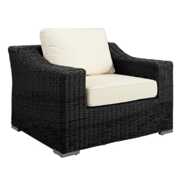 A cube style outdoor single seater in a black weave with thick off white easy care cushions.